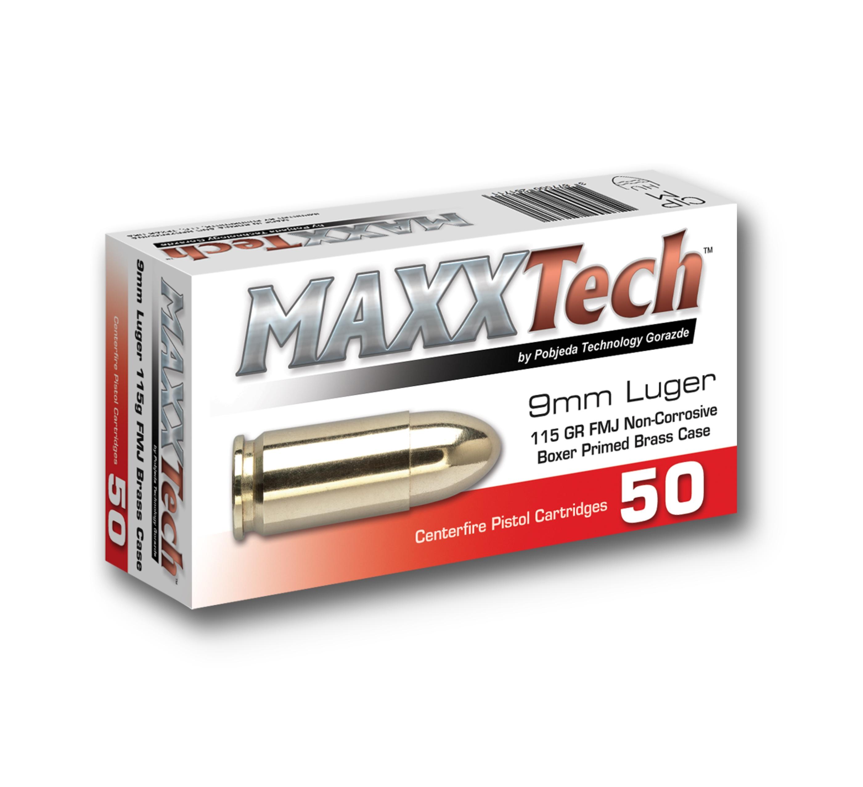 MAXXTech PTGB9MMB 9mm Luger Ammo - 115gr, Full Metal Jacket, 1150 fps Velocity, 323 ft/lbs Energy, 50 Rounds, Brass Color - View 2