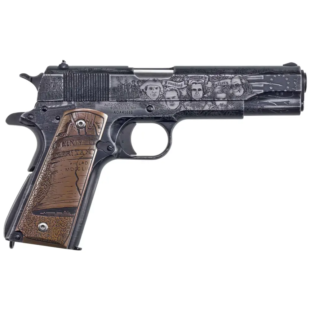 Auto-Ordnance Revolution 1911 .45 ACP Pistol, 5" Barrel, Midnight Blue Cerakote, Engraved Historical Artwork, Solid Copper Grips - View 2