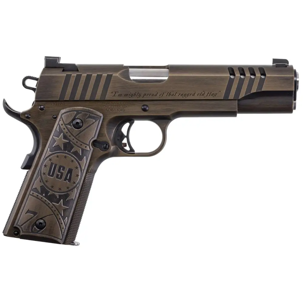 Auto Ordnance 1911 Old Glory 45 ACP Pistol, 5" Barrel, Bronze Distressed Cerakote, 7 Round, Night Sights, Engraved Grips - View 2