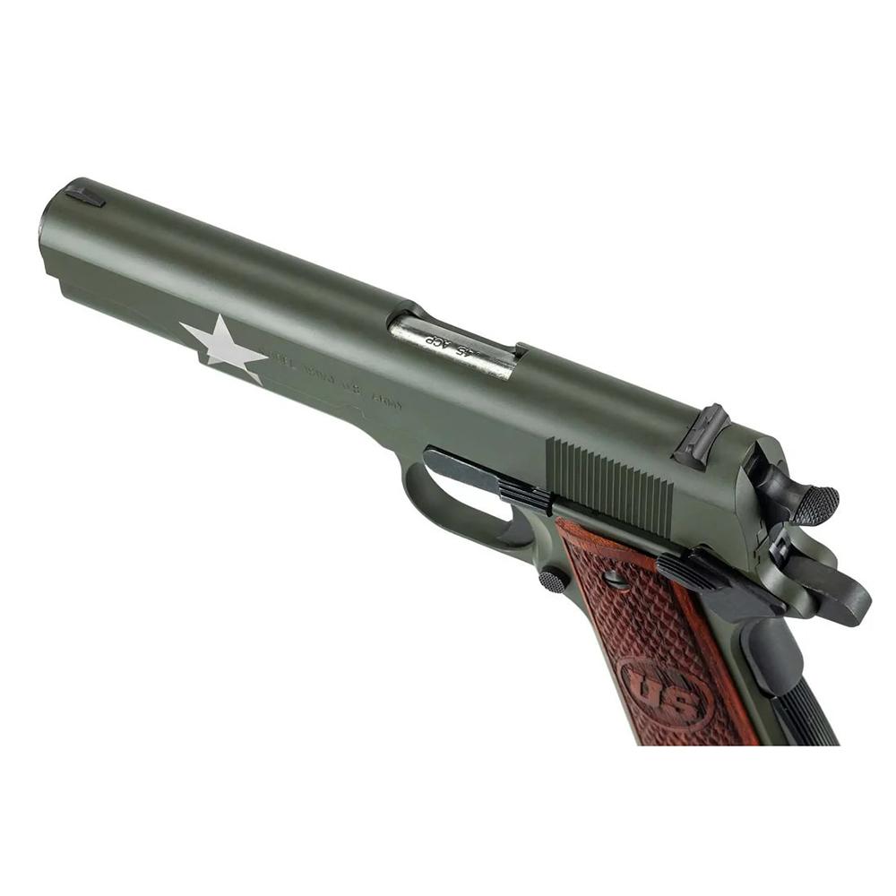 Auto-Ordnance Tanker 1911, WWII Commemorative, .45 ACP, 5" Barrel, 7-Round, Army Green Cerakote, Engraved Wood Grips, Made in USA - View 2