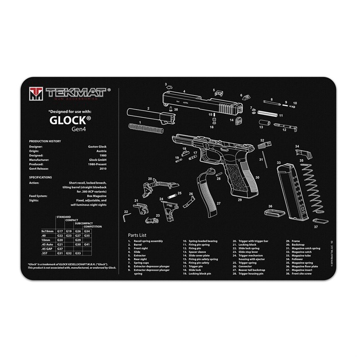 TekMat TEK-R17-GLOCK-G4 Armorer's Mat 11x17 Neoprene Exploded Diagram - View 2