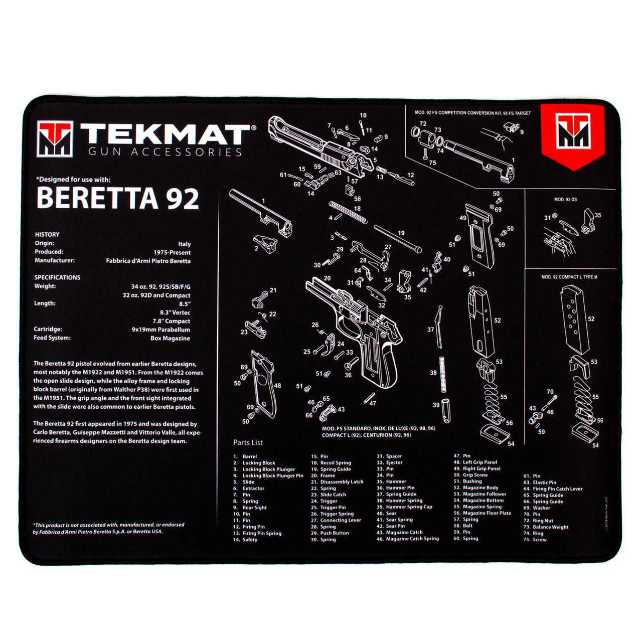 TekMat TEKR20BER92 Beretta 92 Ultra 20" Cleaning Mat Black/White Rubber - View 2