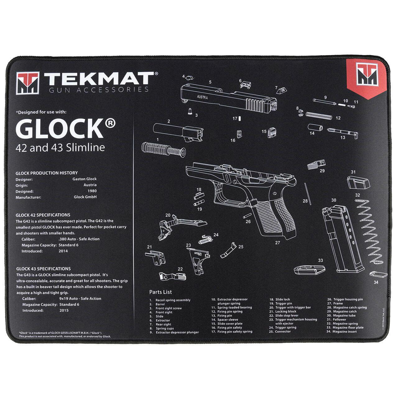 TekMat Ultra 15x20 Black Mat: Glock 42/43, Thermoplastic Surface, Neoprene Padding, Exploded Parts Diagram - View 2