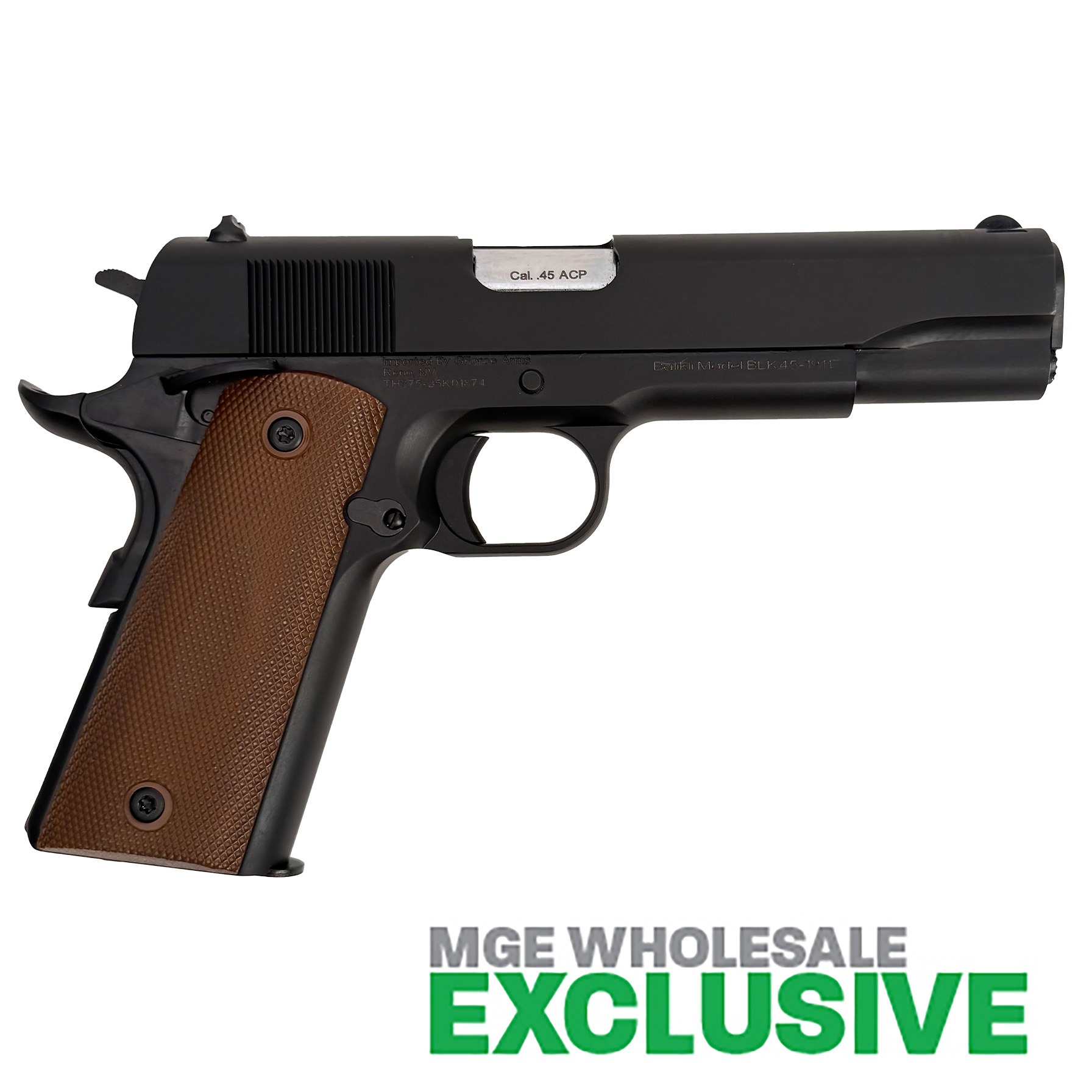 GForce 1911 A1 US ARMY 45ACP 5" Barrel 1 - 7 Round Magazine, Black Nitride Frame and Slide, Ambi Thumb Safety, Extended Grip Safety, Brown Grips MGE Exclusive, - View 2