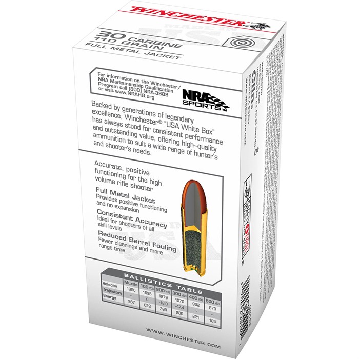 Winchester Ammo Q3132 USA 30 Carbine 110 gr 1990 fps Full Metal Jacket (FMJ) 50 Bx/10 Cs - View 3