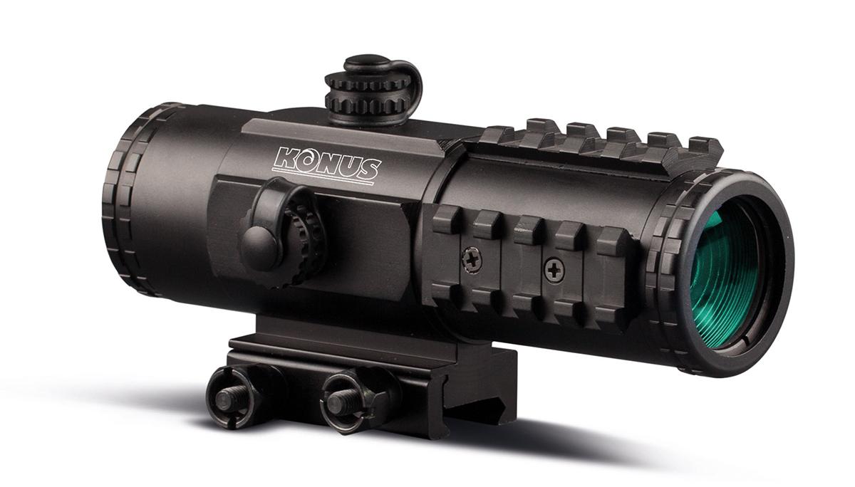 Konus USA Sight-Pro PTS2 3x30mm Red Dot Sight, Multi-Coated Lenses, 1/3 MOA Turrets, Tri-Rail System, Waterproof, Shockproof, Red/Blue Illumination, Matte Black - View 2