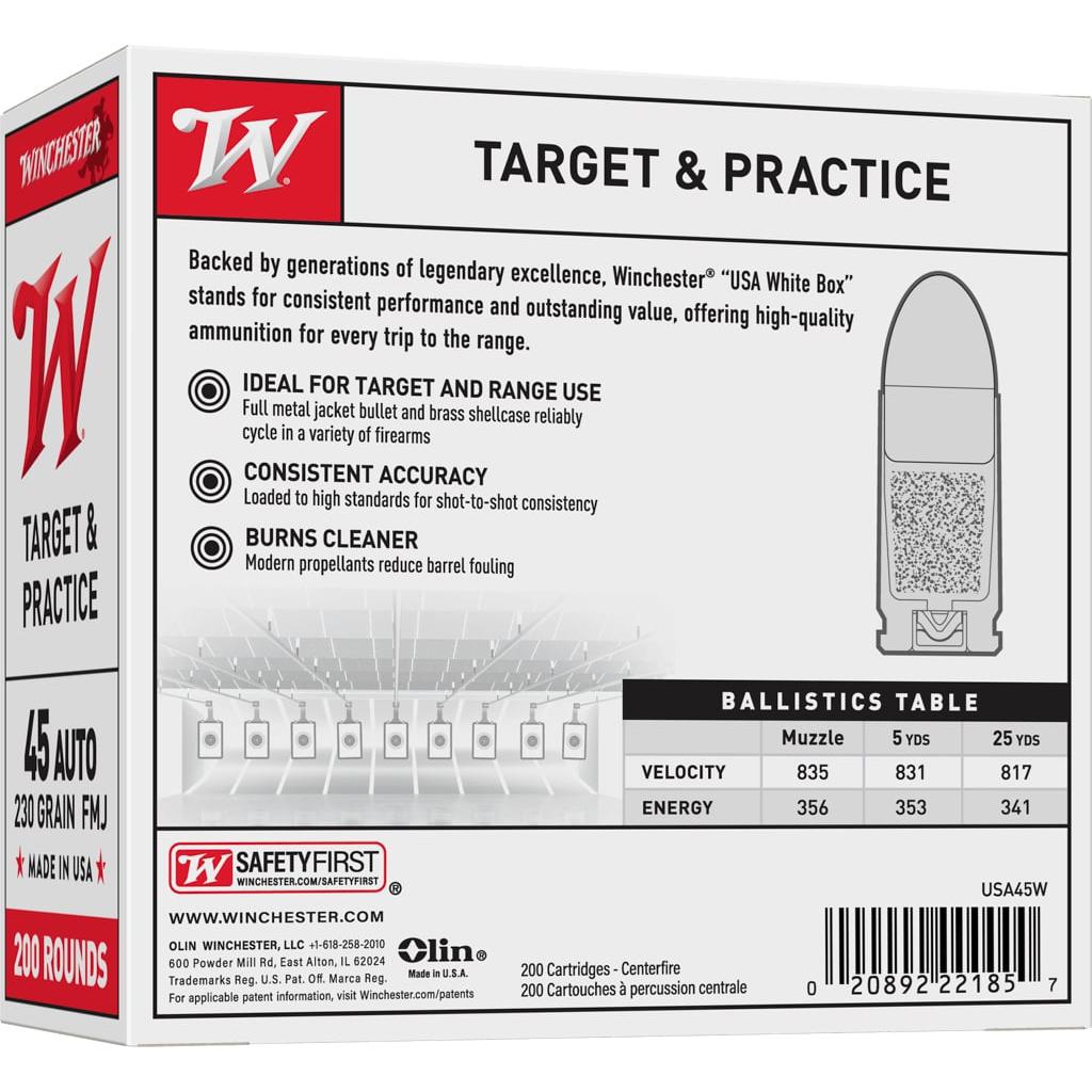 Winchester USA45W 45 Auto 230 Grain FMJ 200 Rounds Box - View 2