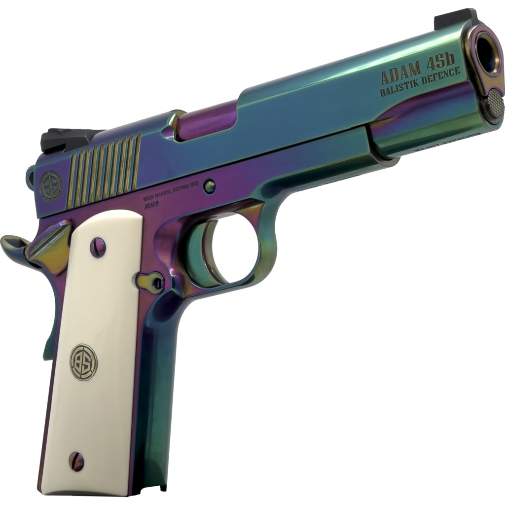 Dickinson LLC DKSN45RBB Adam 1911 Rainbow Full Size 45 ACP 8+1 5" Polished Rainbow PVD Steel B Serrations Slide, Rainbow PVD Steel Frame w/Beavertail