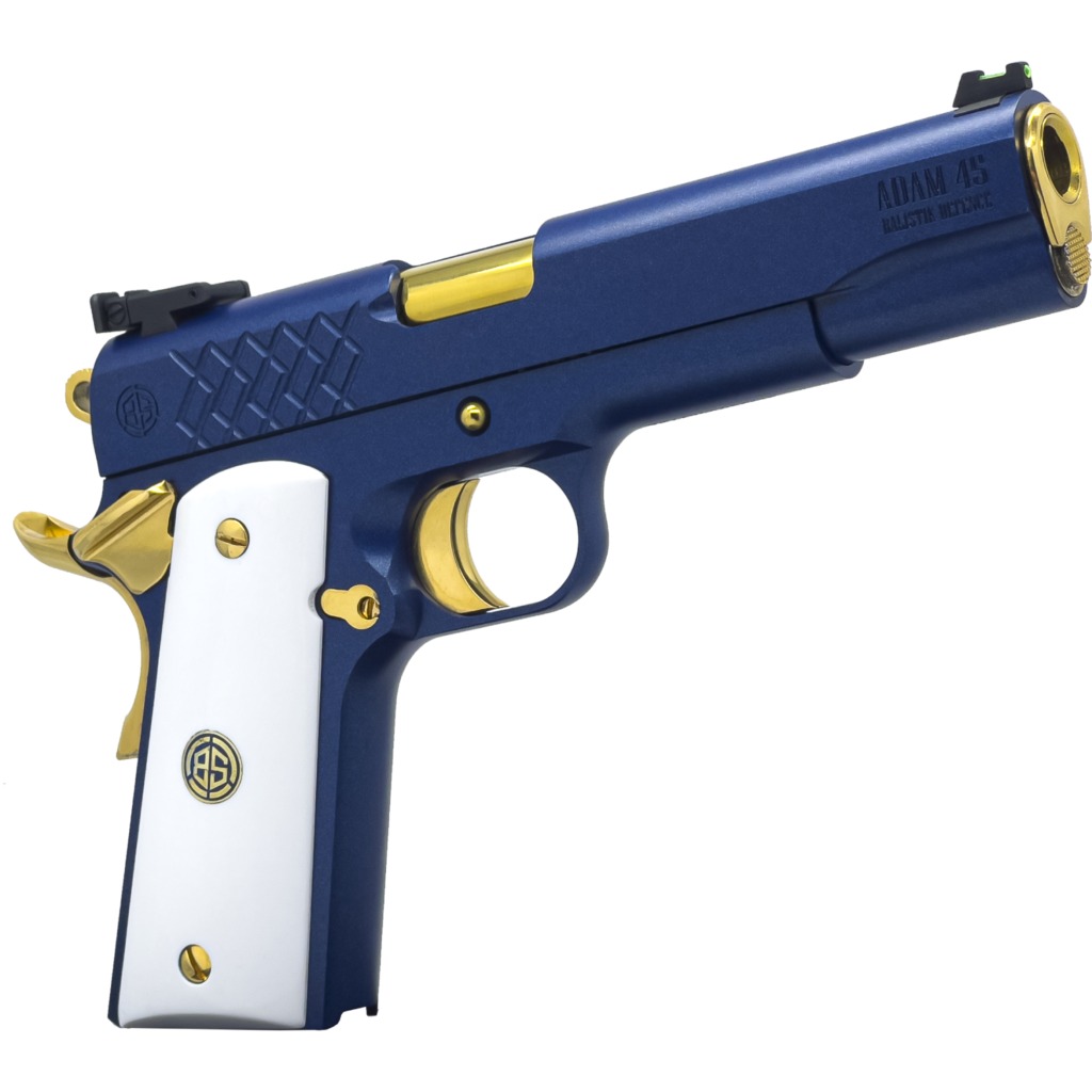 Dickinson LLC DKSN45SM Adam 1911 Sapphire Full Size 45 ACP 8+1 5" Gold Barrel, Blue Sapphire Steel Slide & Frame w/Beavertail White Grip