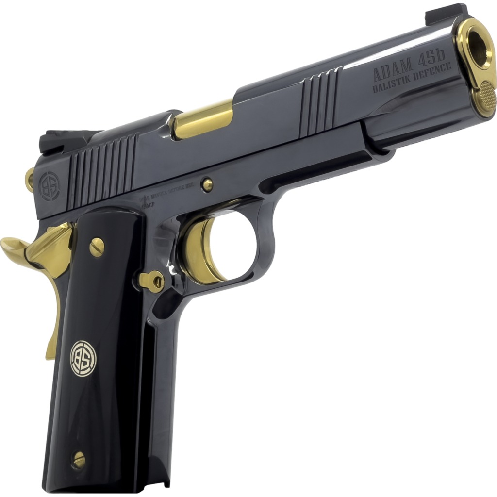 Dickinson LLC DKSN45AB Adam 1911 Acoustic Full Size 45 ACP 8+1 5" Gold Barrel, Shiny Black Steel B Serrations Slide, Shiny Black Steel Frame w/Beavertail