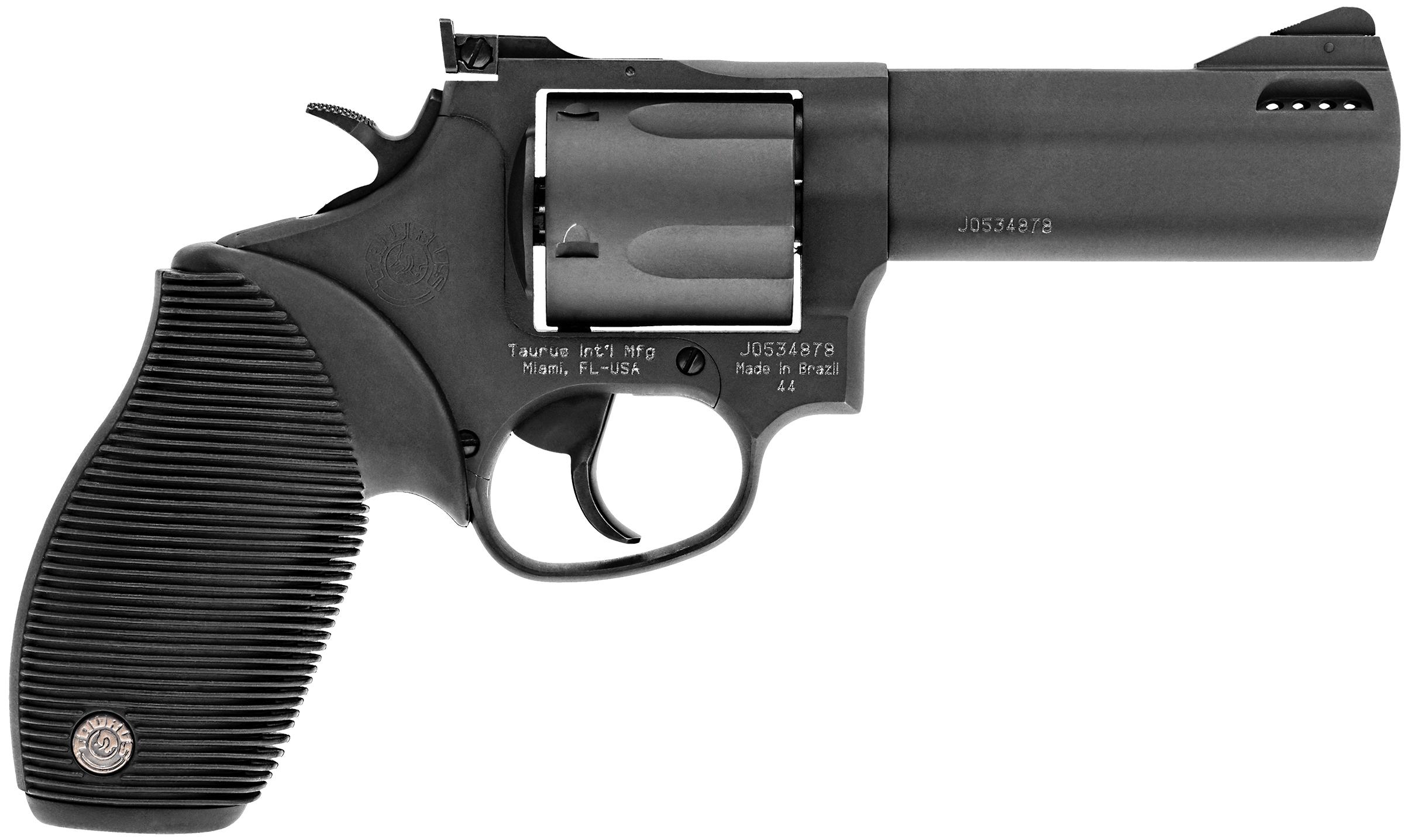 Taurus Tracker Model 44 Revolver, Single/Double Action, .44 Remington Magnum, 4" Ported Barrel, 5-Round, Black Ribber Grip, Adjustable Sights, Blued Frame, 34oz Weight - View 2