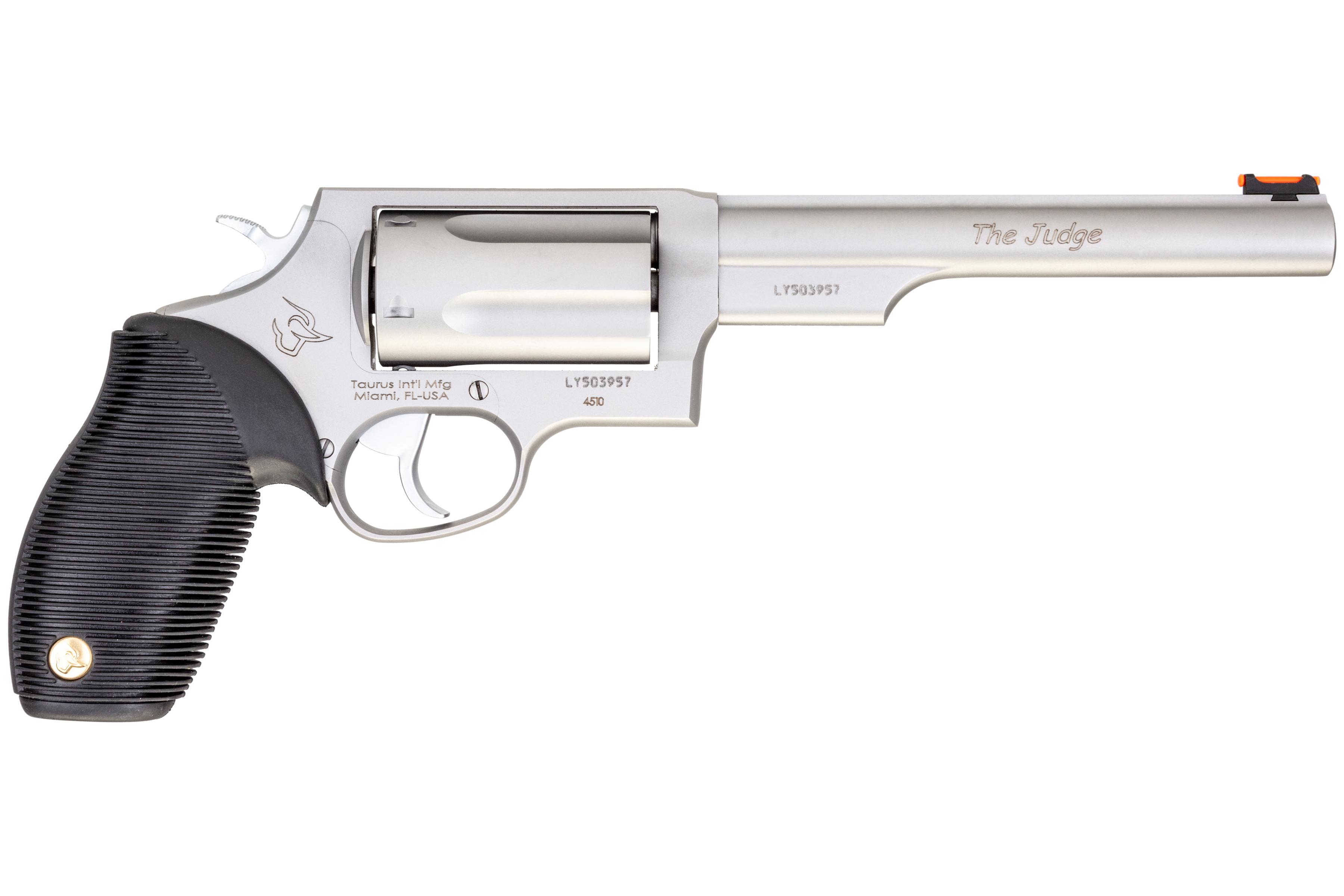 Taurus 2441069T Judge Revolver: .45 Colt LC, 2.50" 410 Gauge, 6.5" Barrel, 5-Round, Matte Stainless Steel, Ribber Grip, Red Fiber Optic Sight - View 2