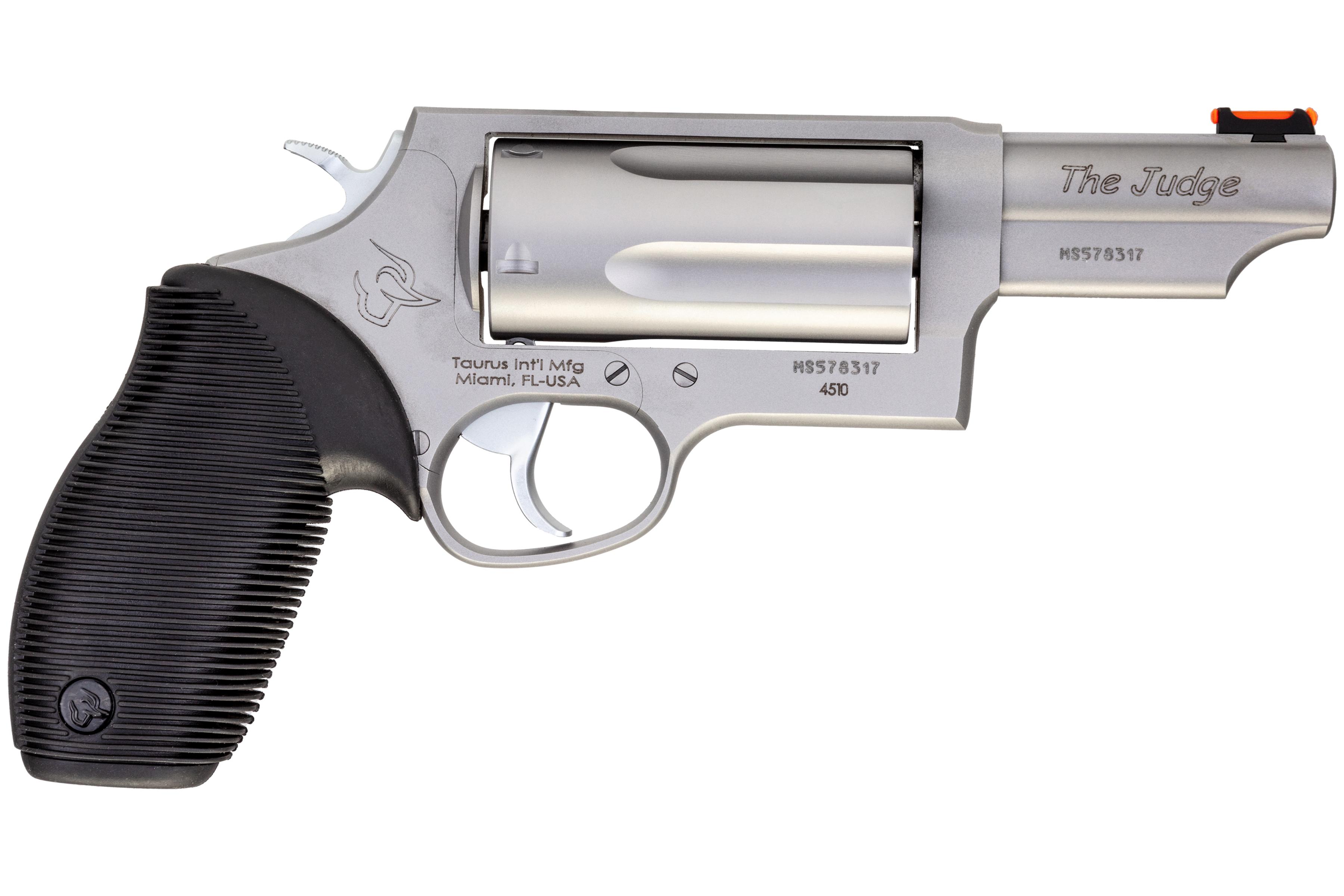 Taurus Judge Magnum Revolver, Stainless Steel 45 Colt/410 Mag, 3" Barrel, 5rd Capacity, Black Ribber Grip, Fiber Optic Sight, 2-441039MAG - View 2