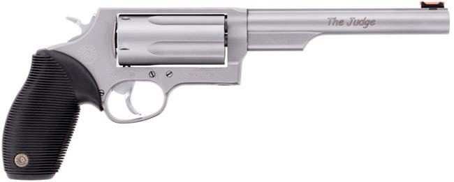 Taurus 2-441069MAG Judge Magnum Revolver, Stainless Steel, 6.5" Barrel, 5rd Capacity, 410/45 Colt Caliber, Ribber Grip, Fiber Optic Sight - View 2