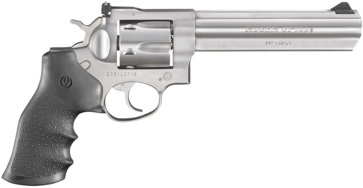 Ruger 1707 GP100 Revolver, Double Action, 357 Magnum, 6" Barrel, Stainless Steel, Hogue Monogrip, Adjustable Sights - View 2