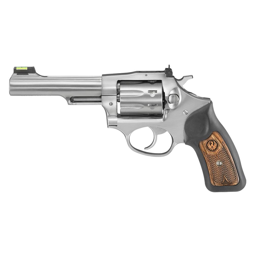Ruger 5765 SP101 Handgun, 22 LR Caliber, 4.20" Barrel, 8rd Capacity, Satin Stainless Steel, Black Rubber Engraved Wood Grip, Fiber Optic Sight - View 2