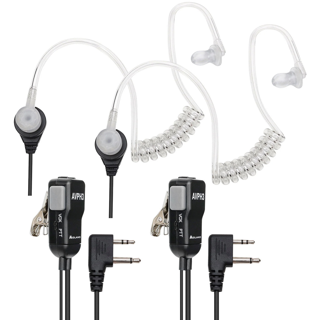 Midland AVPH3 Earbud Mic, VOX, Push-to-Talk, Transparent Tube, Black Earpiece