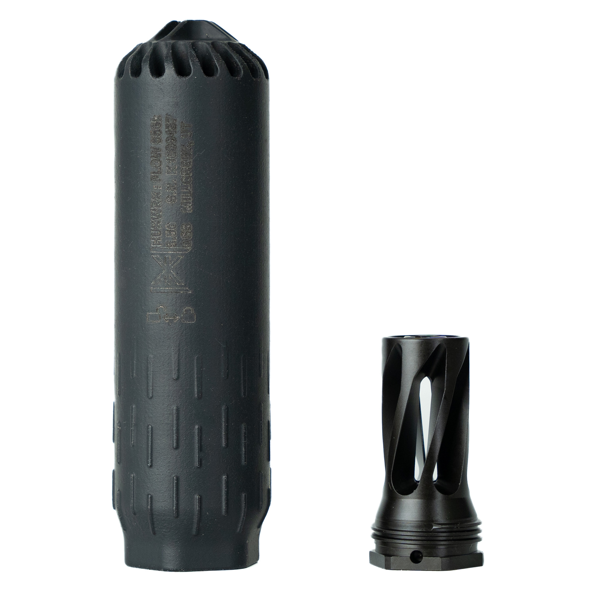 Huxwrx 2449 Flow 556K Multi-Caliber Suppressor, 5.56x45mm NATO, 1.60"D, Stainless Steel, Black Cerakote, 1/2"-28 tpi Flash Hider - HUXWRX - 223 REM | 5.56 NATO