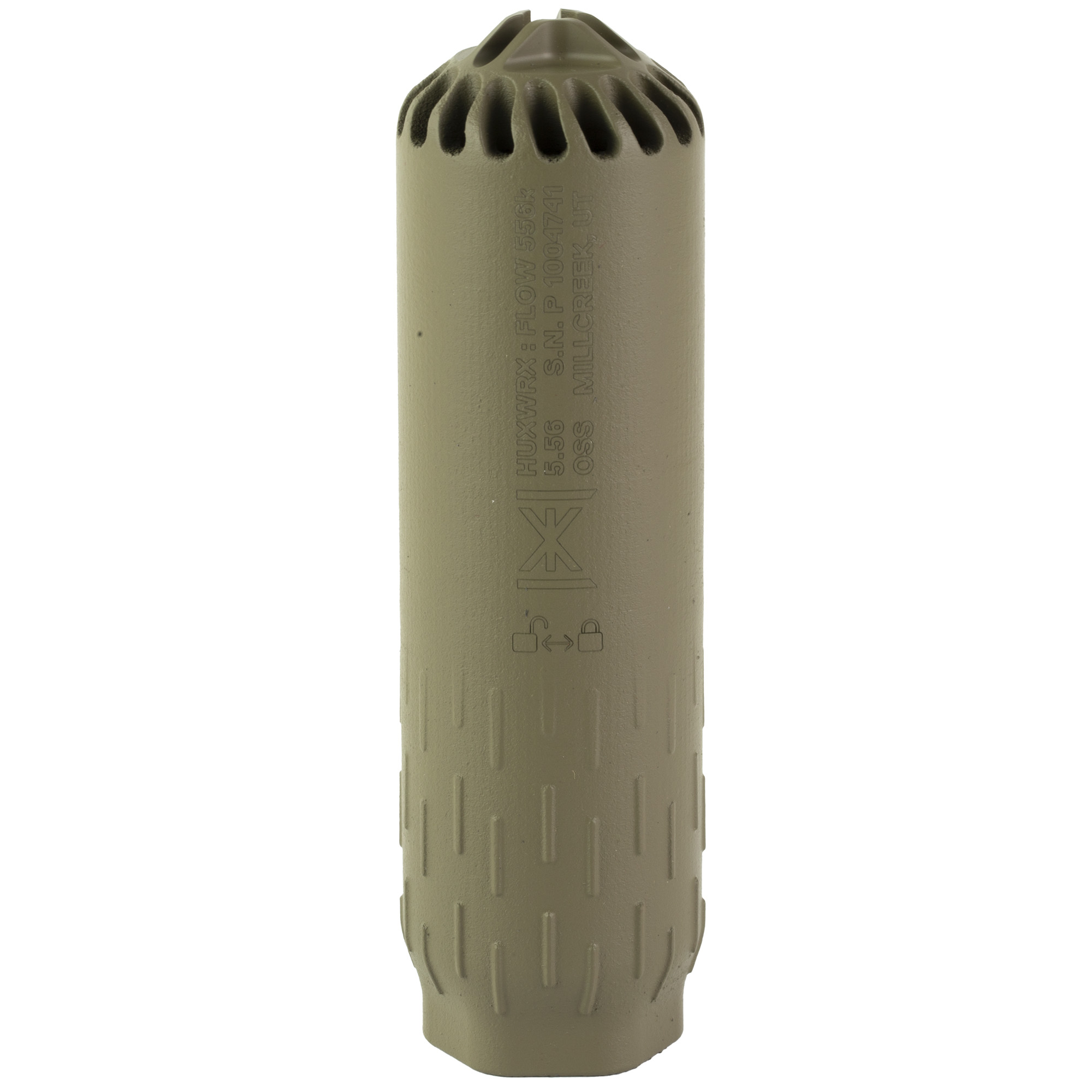 Huxwrx Flow 556K Multi-Caliber Suppressor, 5.56x45mm NATO, 1.60"D, 17-4 Stainless Steel, Flat Dark Earth Cerakote, 1/2"-28 tpi Flash Hider