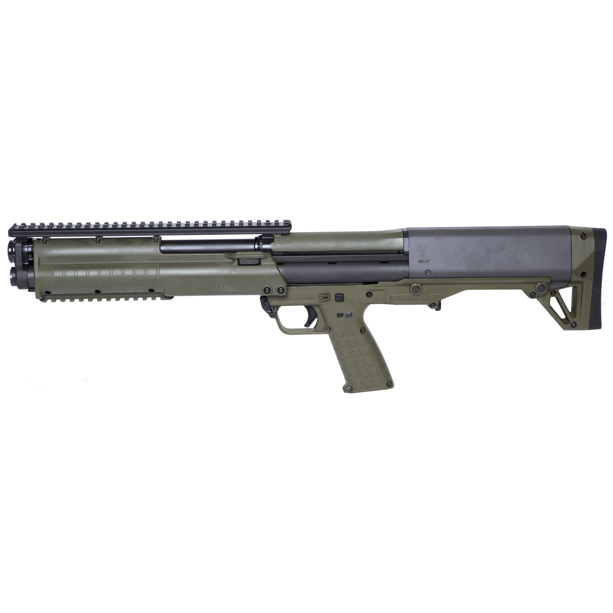 Kel-Tec KSG Pump Action Shotgun 12 Gauge 18.5" Barrel 3" Chamber 12 Rounds Dual Tube Magazines Downward Ejection Synthetic Stock OD Green
