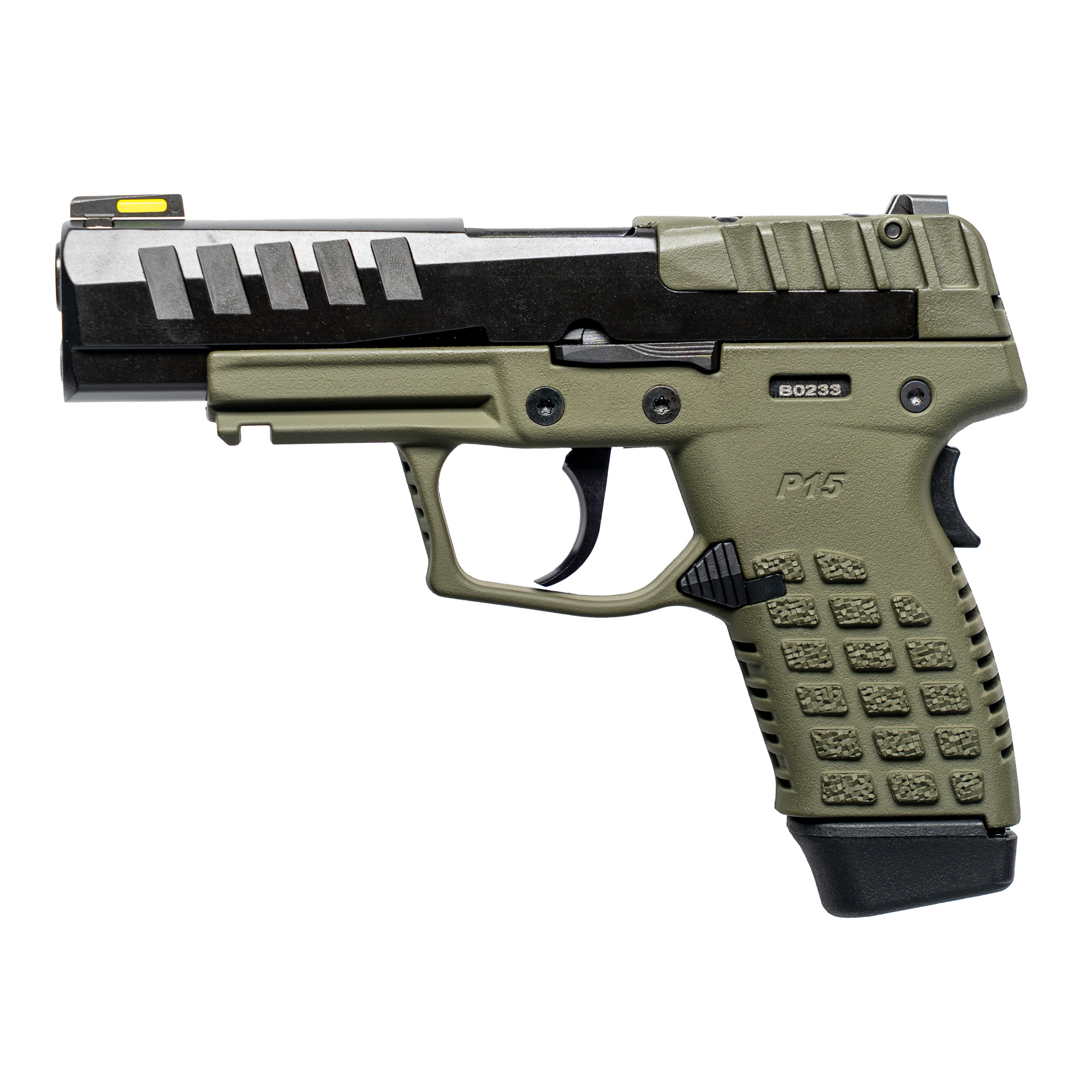 Kel-Tec CA Compliant P15 Handgun 9mm Luger 10rd Magazine 4 Barrel Black Side/OD Green Grip