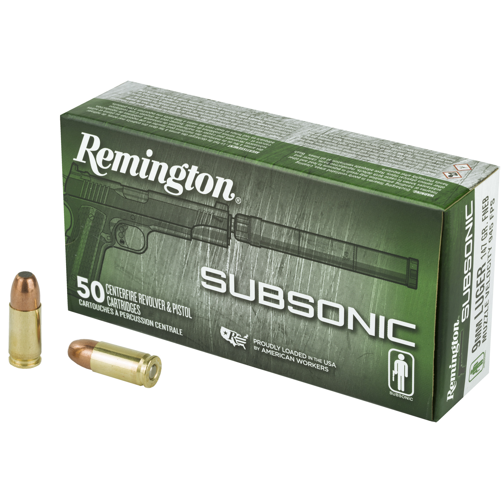 Remington 28435 9mm Luger 147 Grain FNEB 50 Rounds Subsonic Ammo - Remington Arms Company, LLC - FLAT NOSE ENCLOSED BASE