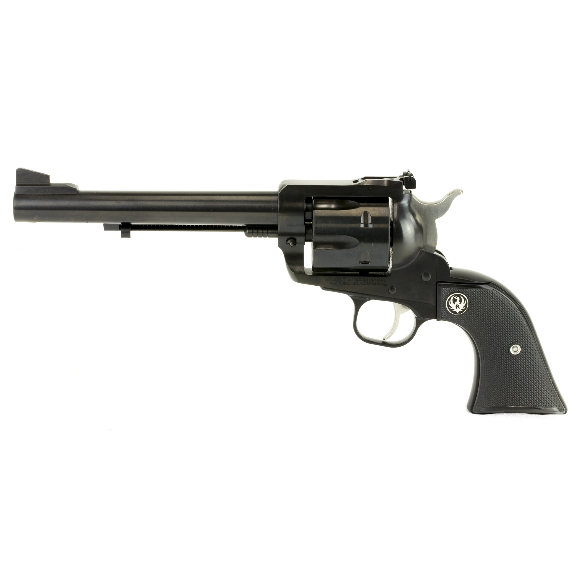 Ruger 0406 Blackhawk Revolver, 41 Rem Mag, 6.50" Blued Alloy Steel Barrel, 6-Round Capacity, Black Checkered Hard Rubber Grip, Adjustable Sights