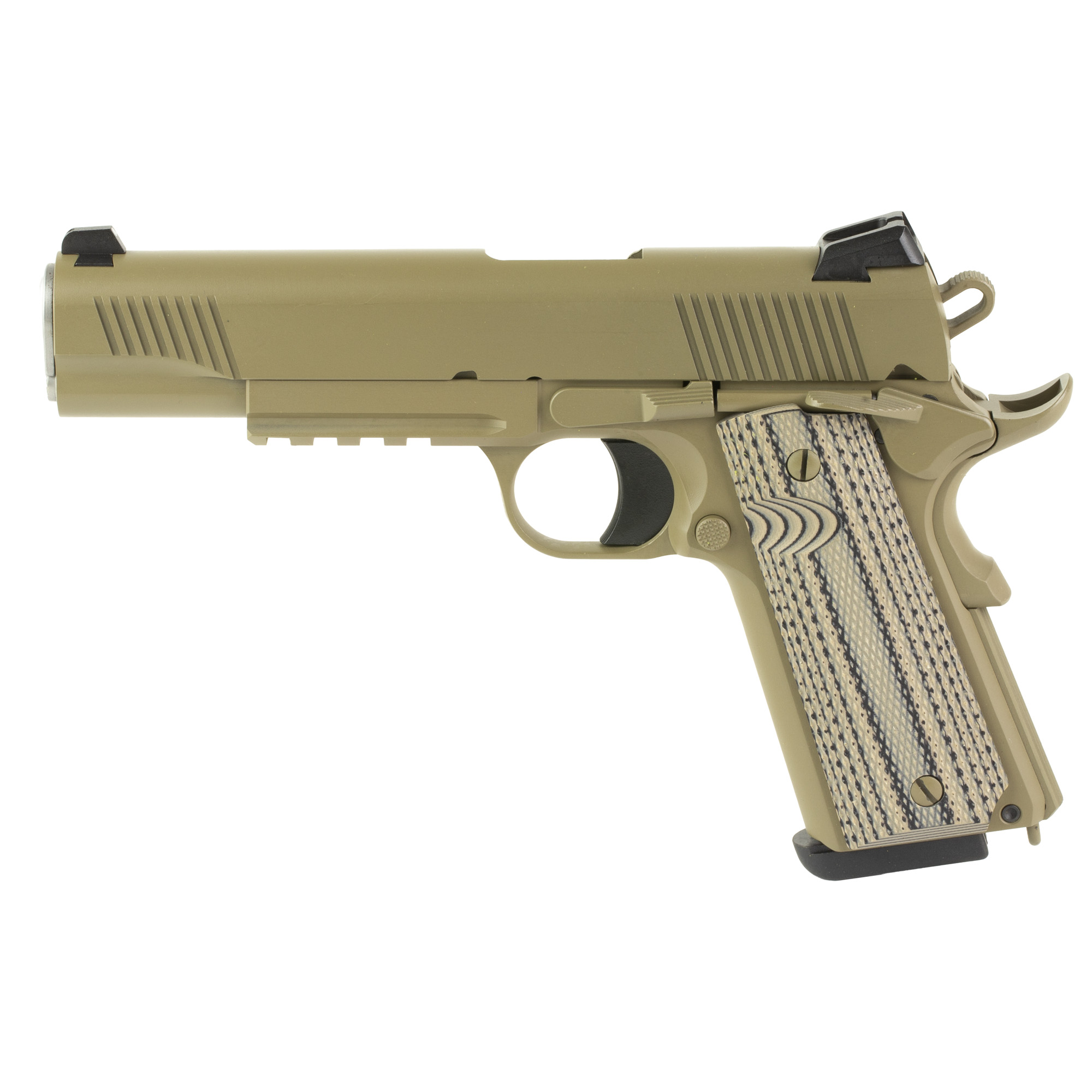 Tisas 1911 Raider 9mm Pistol: 5" Barrel, FDE Cerakote Finish, Carbon Steel Frame, Novak 3-Dot Sights, G10 Textured Grips