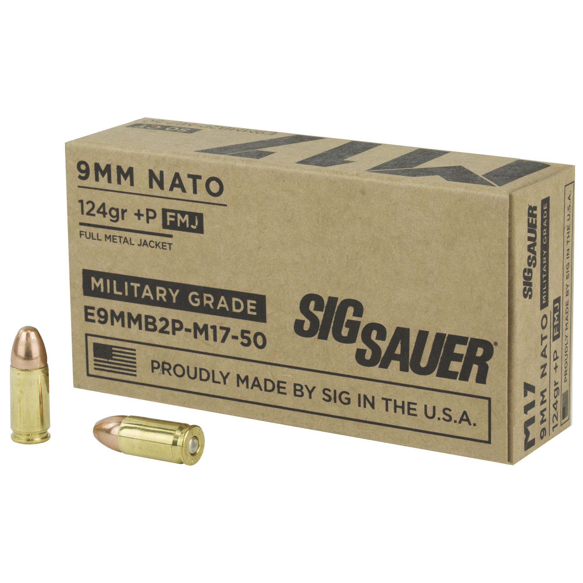 Sig Sauer Elite Ball 9mm +P 124gr FMJ Brass Cased Pistol Ammo 50 Rounds