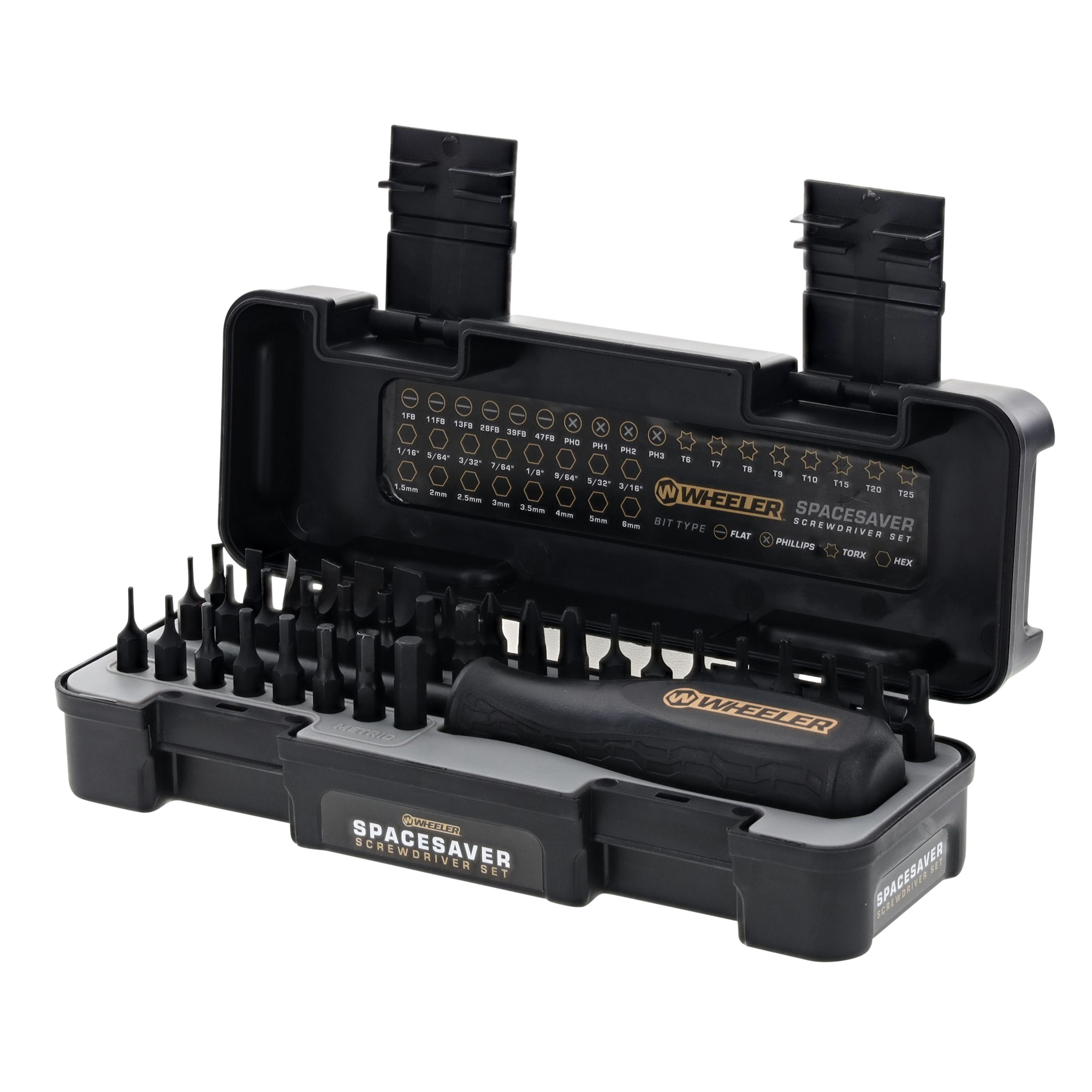 Wheeler 4001005 36-Piece Black Spacesaver Screwdriver Set - SAE/Metric Hex, Torx, Phillips, Flat Bits - Wheeler